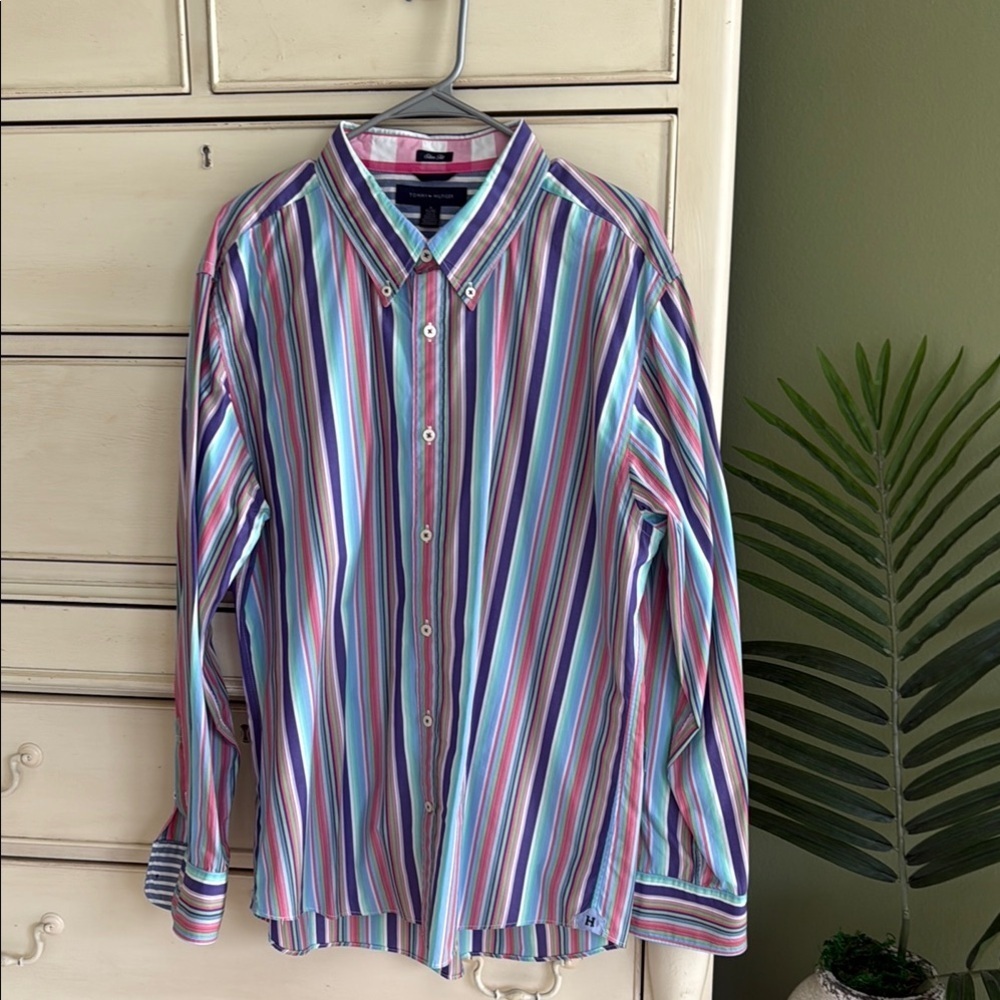 Tommy Hilfiger Blue and Pink Casual Button Down Shirt Slim Fit size XL